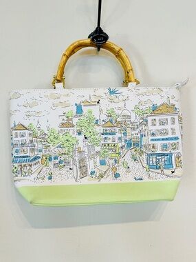 Printed Parisian Cityscape Hand Bag Purse with Bamboo Handles